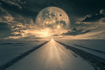 Magical road leads through a cosmic landscape toward distant planets in a starry night sky