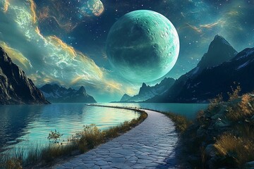Magical road leads through a cosmic landscape toward distant planets in a starry night sky