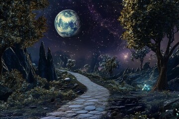 Magical road leads through a cosmic landscape toward distant planets in a starry night sky
