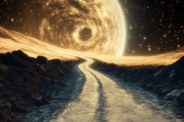 Magical road leads through a cosmic landscape toward distant planets in a starry night sky
