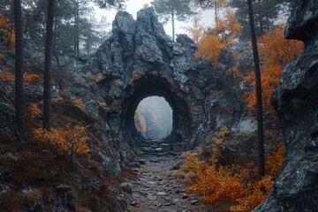 Majestic portal to another world glows amidst ethereal landscape with rolling clouds and sunlit greenery