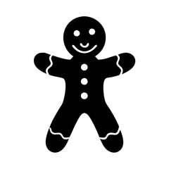 Gingerbread man cookie silhouette with smile-Black and white silhouette of a smiling gingerbread man cookie decorated with icing, symbolizing traditional Christmas and holiday treats.