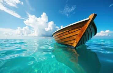 Obraz premium A wooden boat floats on calm turquoise water under a bright blue sky with fluffy white clouds