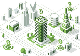 Isometric view of a modern city with green eco friendly buildings and digital currency symbols representing a sustainable urban economy