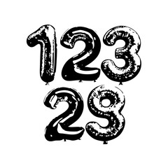 Number-shaped party balloons silhouette icon-Black and white vector illustration of number-shaped foil balloons displaying digits 1, 2, 3, and 9, symbolizing celebrations, birthdays, anniversaries, a