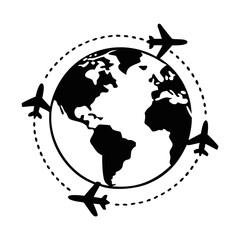 Airplanes flying around globe silhouette icon-Black and white vector icon showing four airplanes circling the Earth with a dashed flight path, representing global travel, international flights, touri
