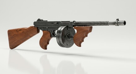 Classic thompson submachine gun with wooden stock and drum magazine on white backdrop