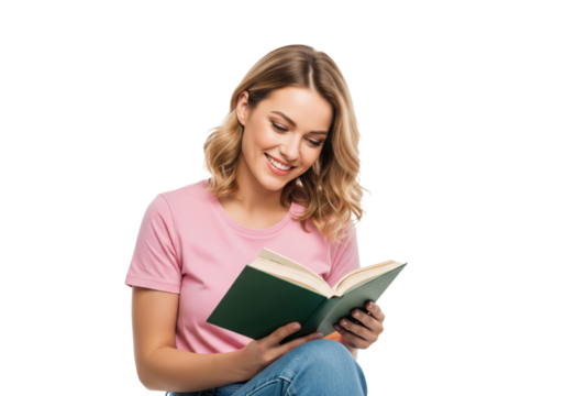 Happy Young Woman Reading a Book, isolated on a transparent background

