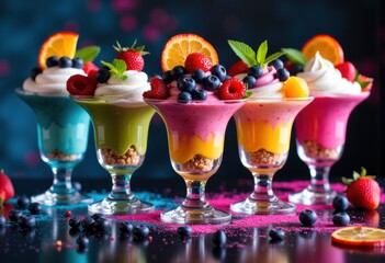 Colorful fruit parfaits in glass cups with fresh berries, citrus slices, and mint leaves on dark background