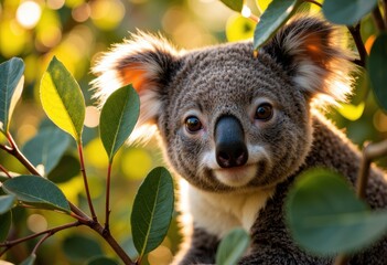 Obraz premium Close-up of a cute koala bear peeking through green leaves in natural sunlight