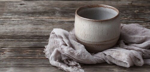Raw-edged ceramic cup and linen napkin on aged oak table with soft grain