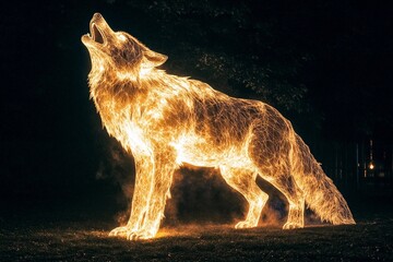 Massive glowing wolf howling into the night under a starry sky, surrounded by trees and foliage