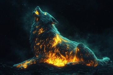 Massive glowing wolf howling into the night under a starry sky, surrounded by trees and foliage