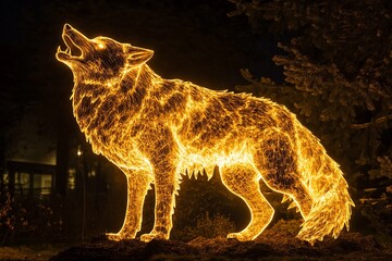 Massive glowing wolf howling into the night under a starry sky, surrounded by trees and foliage