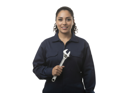Smiling Female Mechanic with Wrench, isolated on a transparent background

