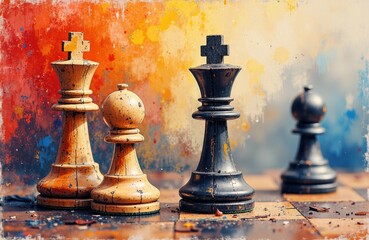 Fototapeta premium Chess pawns and kings arranged on a wooden chessboard with a colorful, abstract background