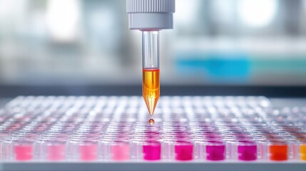 Precision robotic system loading multicolor drug samples into microplate wells, reflecting advanced biopharma development workflows