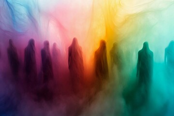 Colorful mist envelops silhouettes of people in a dreamlike atmosphere during twilight