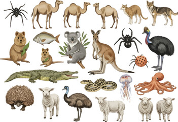 Fototapeta premium A diverse collection of australian animals and insects showcasing wildlife diversity and biodiversity