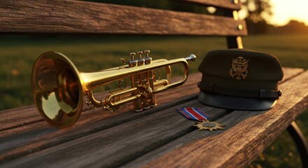 A moment of honor on a wooden park bench with trumpet and military hat