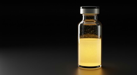 Illuminated vial containing a shimmering golden liquid on a dark background, with ample copy space