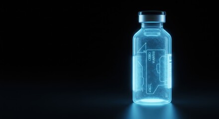 Futuristic medicine vial concept featuring intricate digital circuit design glows softly