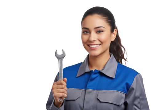 Smiling Female Mechanic with Wrench, isolated on a transparent background

 - Powered by Adobe