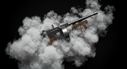 Thompson submachine gun shrouded in billowing white smoke against dark backdrop