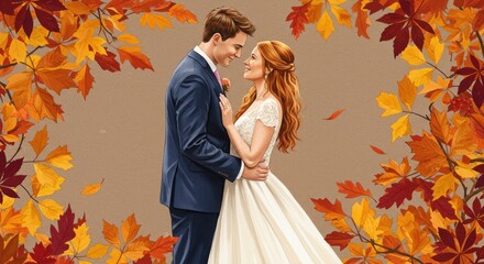 Autumn romance celebration of love between a happy newlywed couple in fall wedding scene