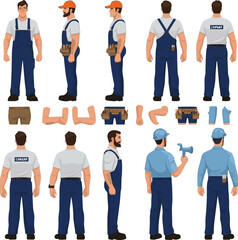 Obraz premium Isolated a hinds of deferent Handyman, repair worker, plumber in uniform. Character constructor for animation. Front, side and back view set. Body parts, postures, poses collection. vector art .
