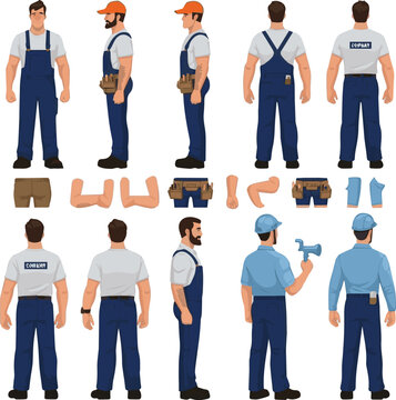 Isolated a hinds of deferent Handyman, repair worker, plumber in uniform. Character constructor for animation. Front, side and back view set. Body parts, postures, poses collection. vector art .