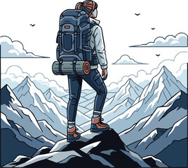 Isolated a kinds of deferent Adventure tourism and travel concept. Woman traveler with backpack wearing trekking gear standing on the top of hiking trail and looking at the mountains landscape. vector