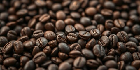 Fototapeta premium Close-up of dark roasted coffee beans, rich brown tones, roasted coffee beans, espresso