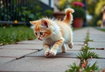 Obraz premium A fluffy kitten, tail chasing, bounds playfully down a sidewalk, adorable, outdoors