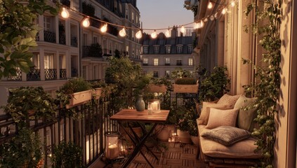 Fototapeta premium Evening Balcony Scene in a European City with Warm Lights, Plants, and Comfortable Seating.