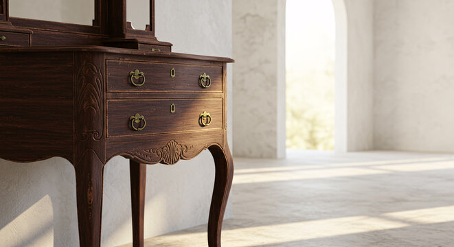 Ornate antique wooden dressing table in a sunlit, minimalist room with concrete floors. Vintage furniture representing classic luxury and timeless elegance in a modern interior setting. - Powered by Adobe