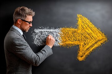 Changing business management concept. Businessman erasing white arrow and drawing yellow arrow on chalkboard. High quality