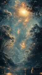 Fototapeta premium Starry Night Sky Reflecting on River with Trees Silhouette