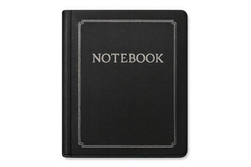 Black leather notebook sporting silver trim, embossed branding, positioned against transparent backdrop