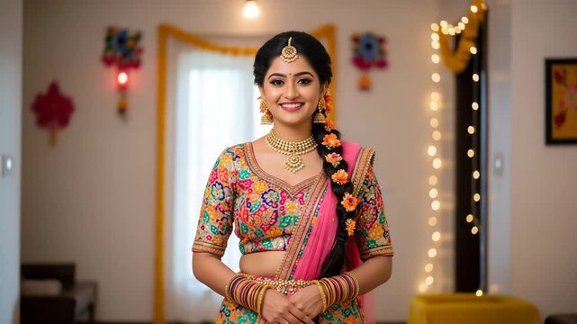 Elegant Indian Bride With Traditional Jewelry And Floral Braid generative ai