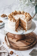 Scrumptious Coffee and Walnut Layer Cake Display on Elegant Marble and Wood Cake Plate