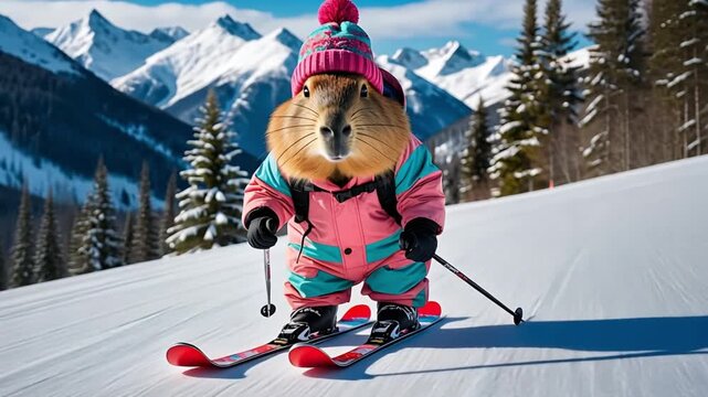 Funny capybara wearing a colorful ski suit and a wool cap, holding ski poles and skiing down a snowy mountain slope