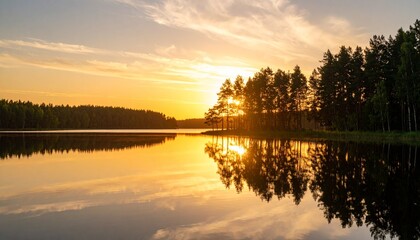 Obraz premium Sunset over a serene lake surrounded by pine trees, warm golden reflections on the water, soft clouds glowing in the sky