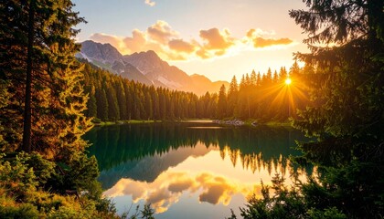 Sunset over a serene lake surrounded by pine trees, warm golden reflections on the water, soft clouds glowing in the sky