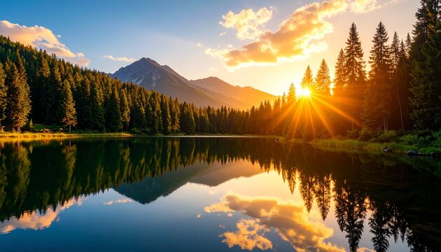 Sunset over a serene lake surrounded by pine trees, warm golden reflections on the water, soft clouds glowing in the sky
