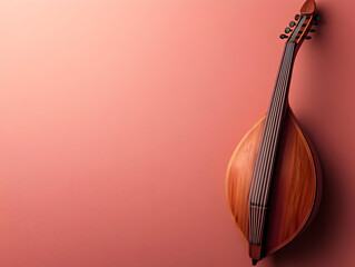 Wooden stringed instrument against a muted pink backdrop.  Detailed view of the body and neck