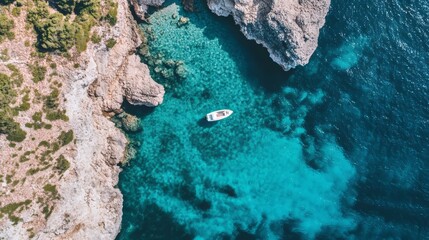 Fototapeta premium Aerial view of yacht floating in the sea, forested coastline and mountains in Mallorca – perfect for eco tourism promotion, summer beach vacation, perfect for travel ad and family trip, honeymoon trip