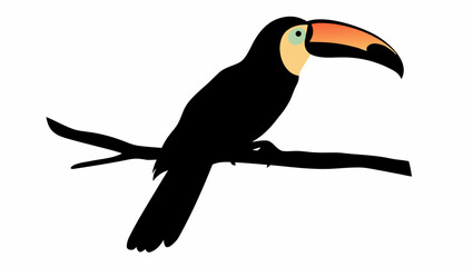 Naklejka premium Illustration of a toucan perched on a branch with a large colorful beak and black feathers in detail silhouette