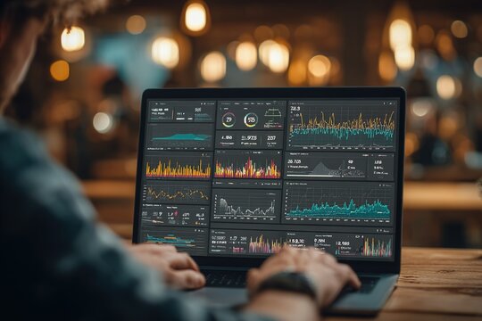 Cohort retention analysis of customer behavior data. Marketing analytics of customer lifetime value. Marketer analyzing data with using laptop computer at desk in office. High quality