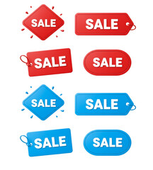 Collection of sale tags in red and blue isolated on transparent background
